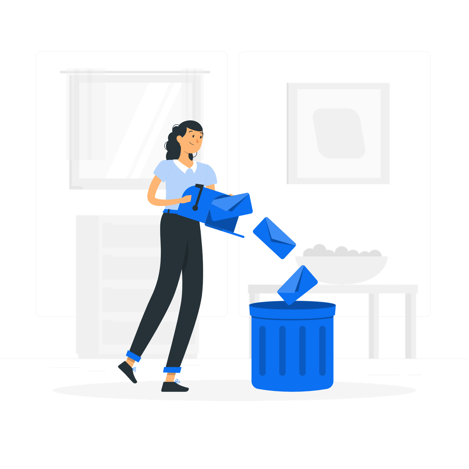 Ilustração de mulher jogando documentos no lixo, representando a exclusão de dados pessoais